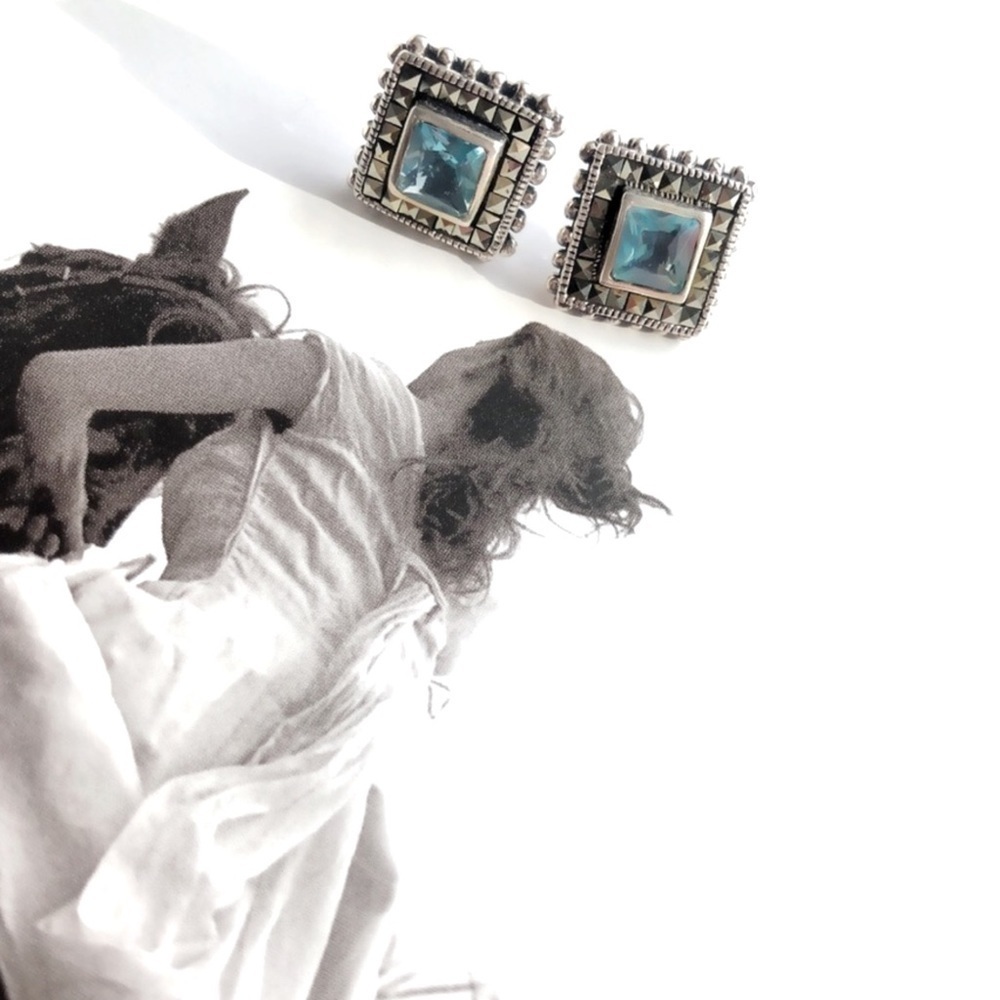 VINTAGE Sterling Silver Aquamarine/Marcasite Earrings